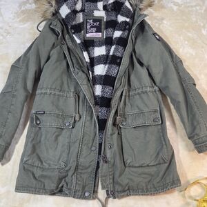 SuperDry Womens Parka Coat Jacket Military Sz 6 Removable Lining EUC